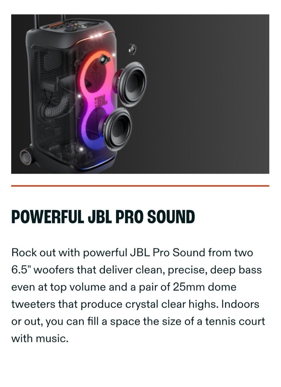 JBL PartyBox Stage 320. Party from dusk till dawn with up to 18 hours of play time on a single charge.