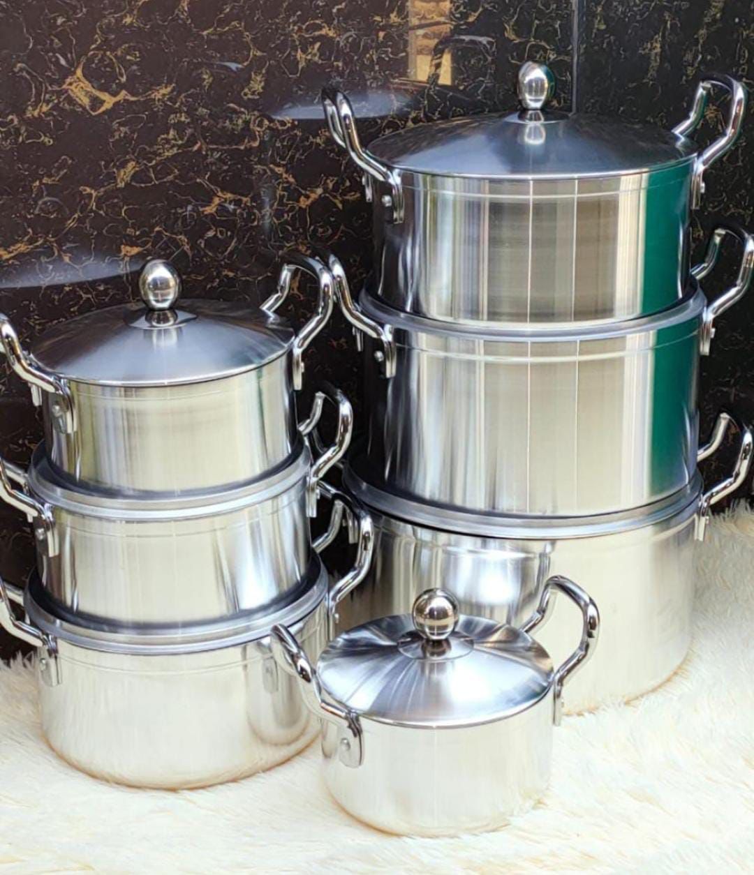 Original Tornado (TC) Cookware Set Sufuria with Free( 2 pcs Plastic service Spoons and 1 Scotch ),Color :silver,14pcs (7lids+7pots) Silver ,Pot sizes(16/18/20/22/24/26/28cm).Ideal for Everyday Cooking