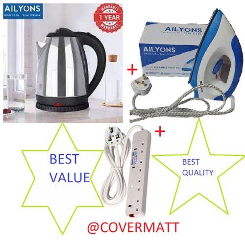 📍🌽BEST PROMO🌽📍AILYONS Electric Stainless Steel Quality Automatic 1.8L Kettle + Dry Iron Box + 4 way extension power cable🌽