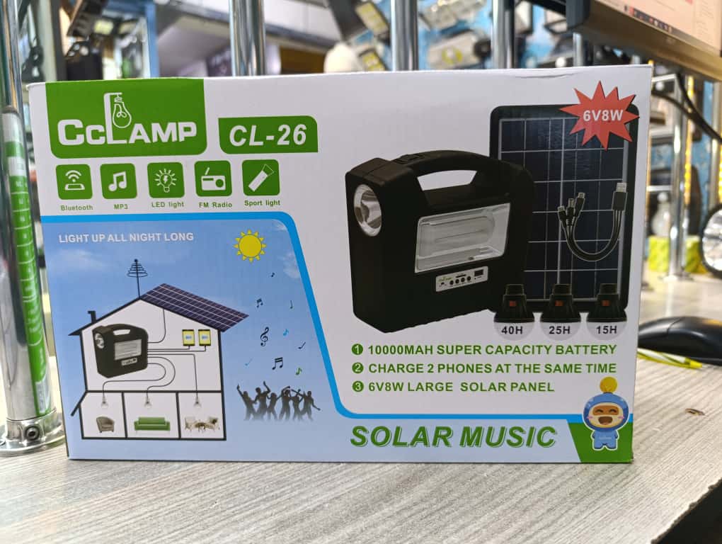 🎀CcLAMP CL-26 SOLAR LIGHTING SYSTEM WITH 3BULBS, BT SPEAKER, RADIO PHONE CHARGING🎇10,000mAh Super Capacity Battery
Provides long backup power for lights, music, and charging.
???? Dual USB Phone Cha
