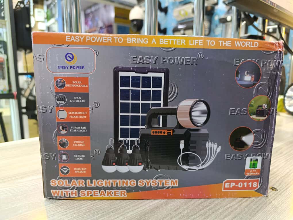 #New🎉🎇EP-0118 Solar Lighting System with Speaker,Radio,3 Bulbs,Torch, Phone Charging🎇fast charging
✅ Rechargeable Battery Pack with built-in lantern
✅ Multiple USB Ports – charge phones & gadgets
✅