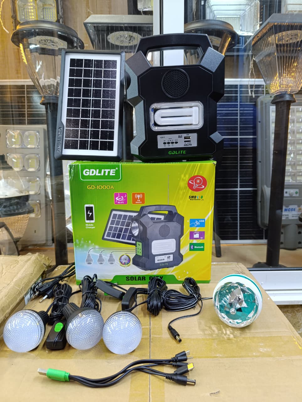 MASSIVE OFFER🎀GDLITE GD-1000A Portable Solar Home System – Solar Panel, 3 LED Lights, FM/MP3, Bluetooth, USB Charging☀️Power Source: Solar panel charging (rechargeable battery inside unit)
Lighting O