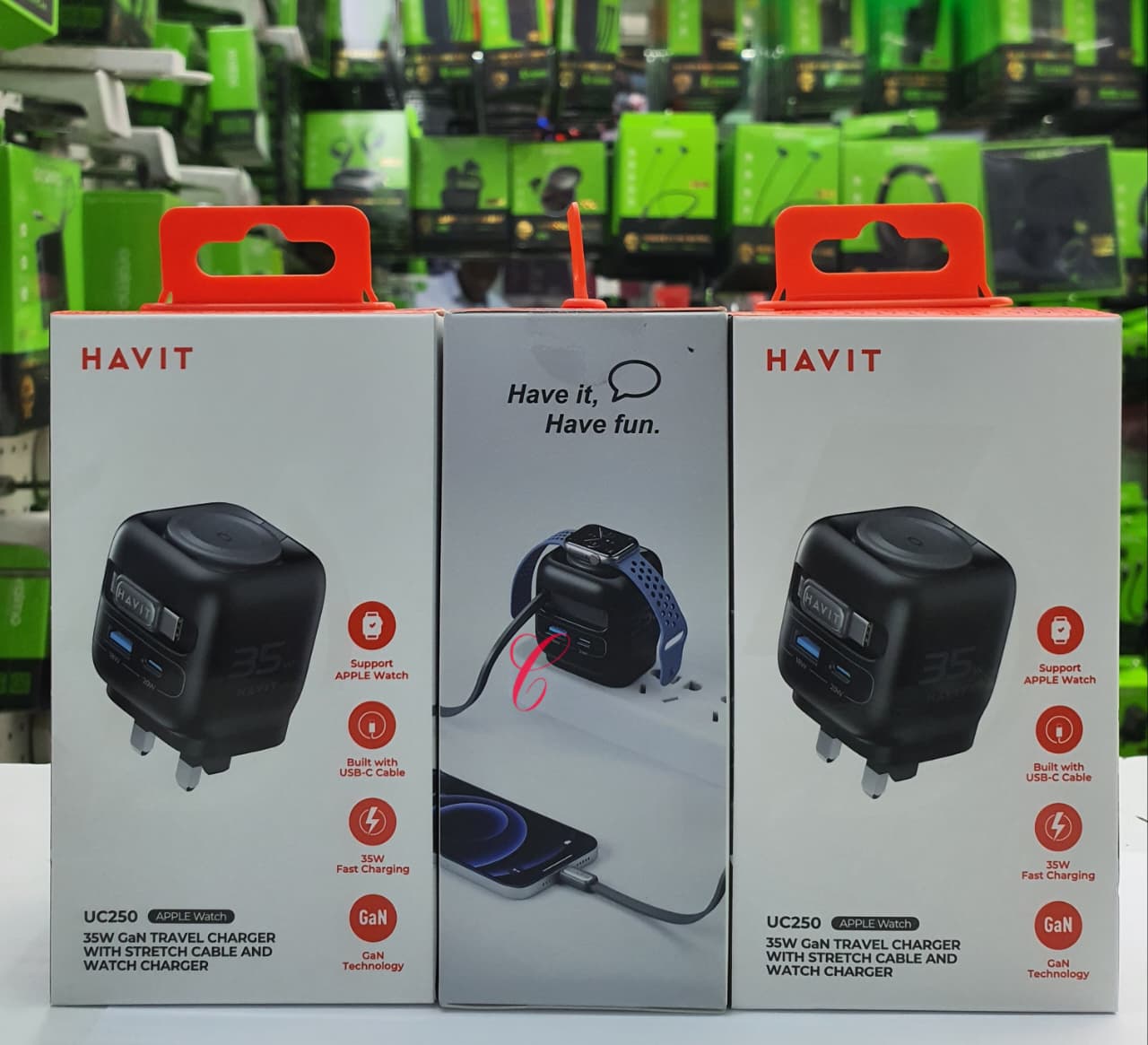 NEW PRODUCT🔥;
Havit UC250 35W Gan fast charging travel charger with stretch cable and Apple watch charger ☀️supports fast charging for laptops and modern smartphones.

Built-In Retractable USB-C Cabl