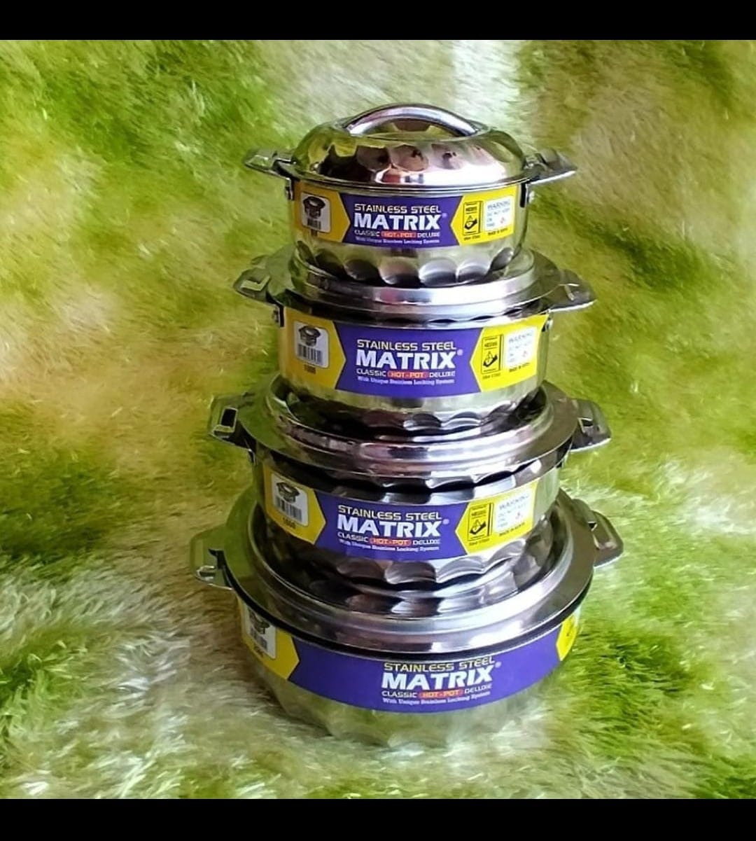 🎇MATRIX High Quality 4PCS Set Stainless Steel Durable Hotpots😶‍🌫️Keep your food hot and fresh for long Hours with this elegant 4 Piece Food Warmer Server Hot Pot. They are insulated with tough, odo
