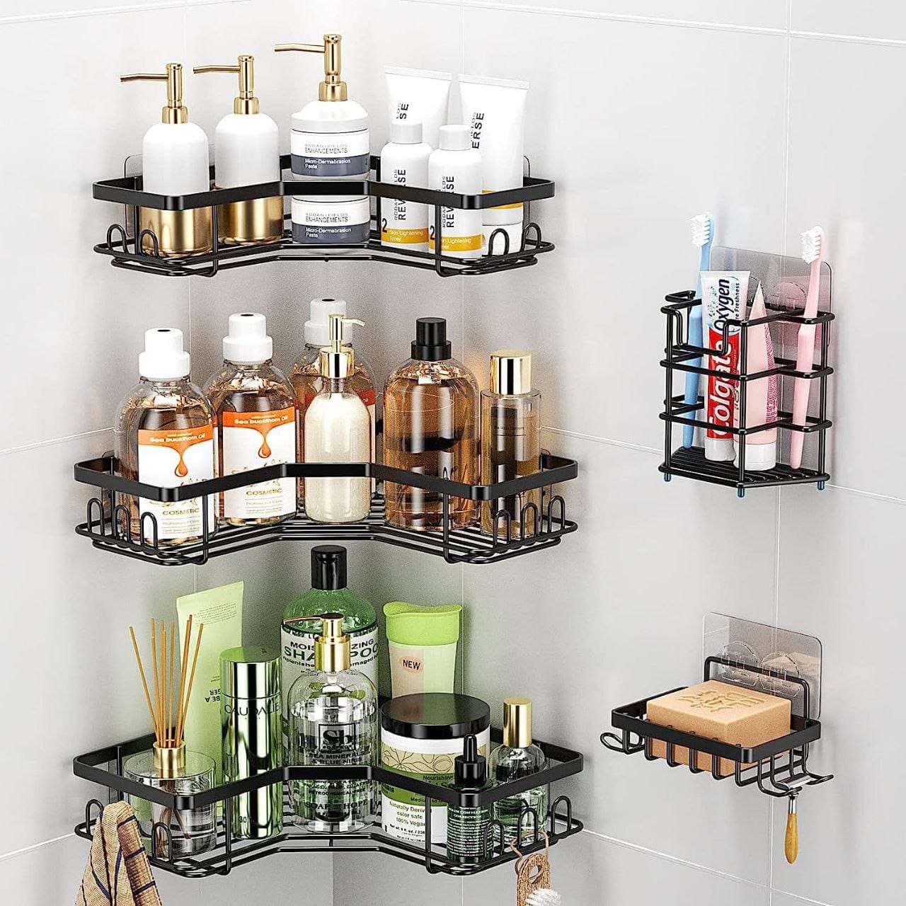 5 in 1 Bathroom/Kitchen Corner shelf rack🤩No drilling required, no extra tools required, no damage to the wall. Just hang the bathroom storage basket on the adhesive pad after sticking it on the wall