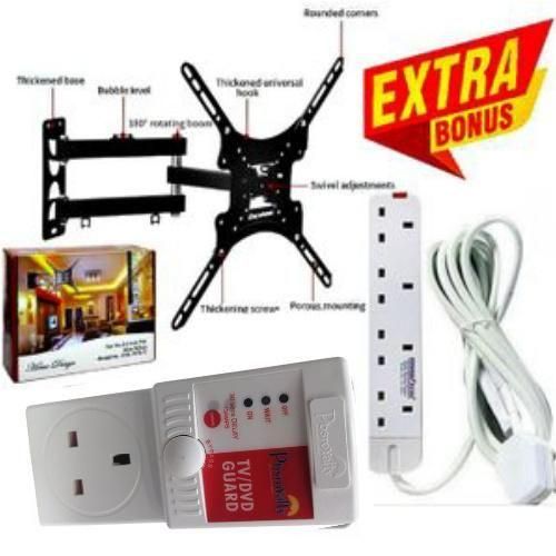 Home Design QUALITY & HEAVY DUTY FULL MOTION 360 DEGREE TV MOUNT - 14 INCH -55 INCH TILT ROTATING WALL MOUNT BRACKET + EXTRA BONUS TV GUARD SURGE POWER PROTECTOR & 4 WAY POWER EXTENSION CABLE SOCKET