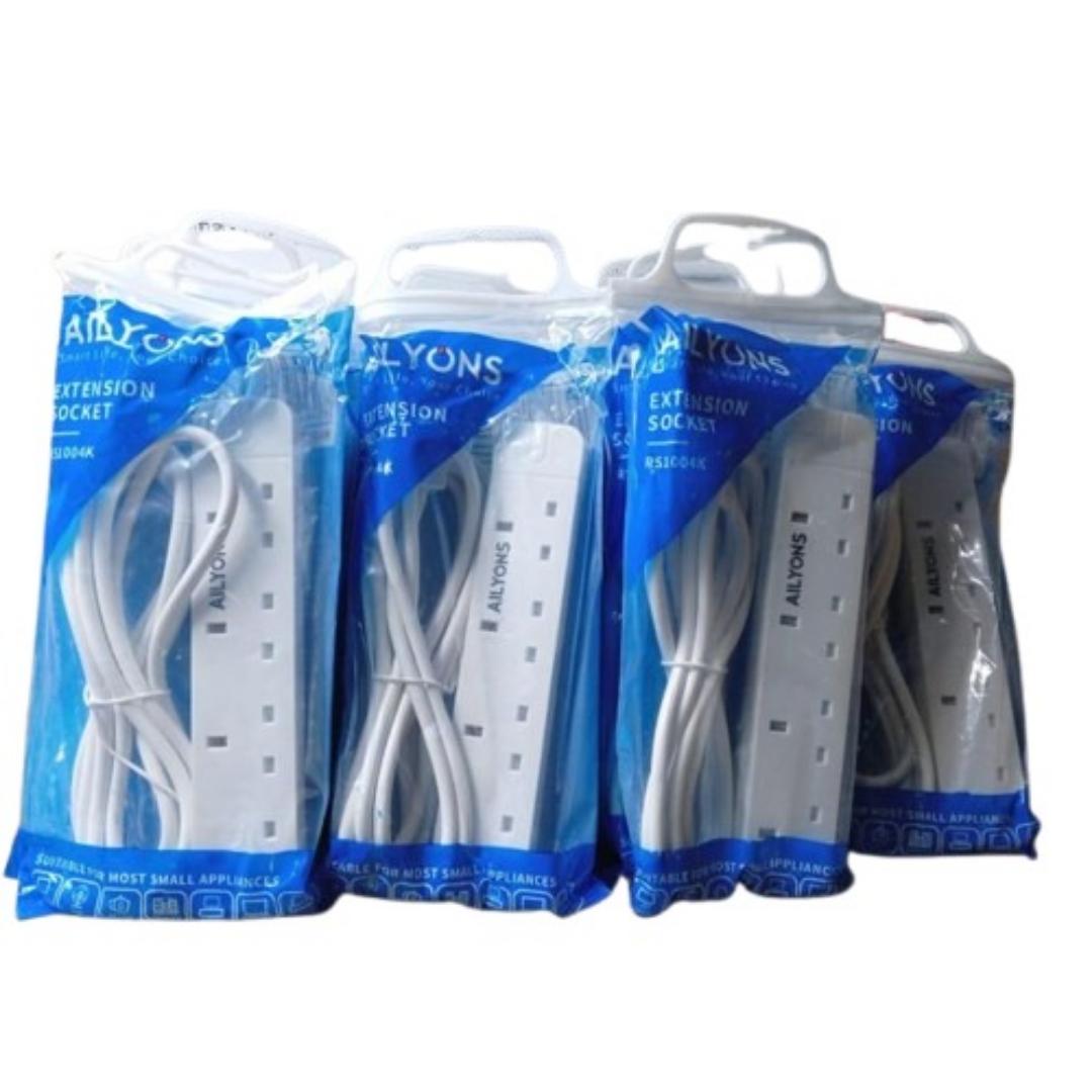 Ailyons Heavy -Duty Extension cable 4-way socket surge protection & long cord design . Universal plug compatibility.