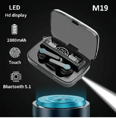 M19 TWS Bluetooth Earbuds – LED Digital Display, Touch Control, 9D Stereo Sound, Noise-Cancelling In-Ear Design with Emergency Power Bank Case