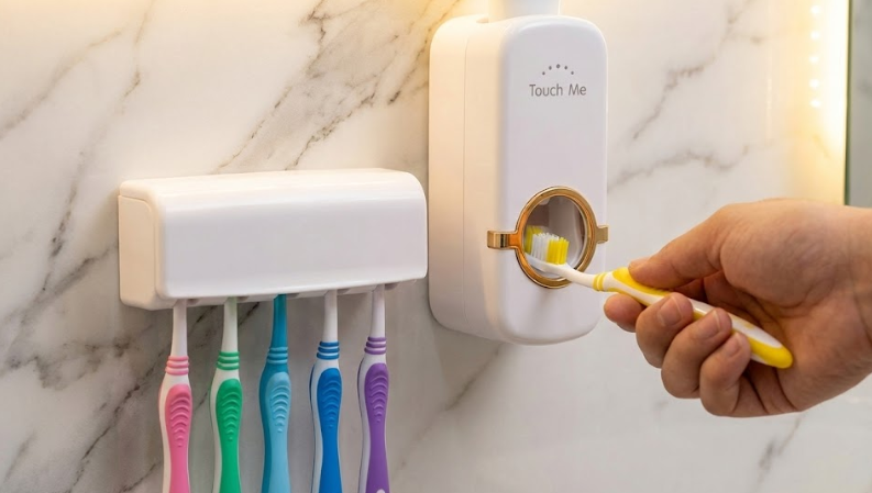 Automatic Toothpaste Dispenser & Wall-Mounted Storage Set, designed for convenience, hygiene, and a clutter-free space