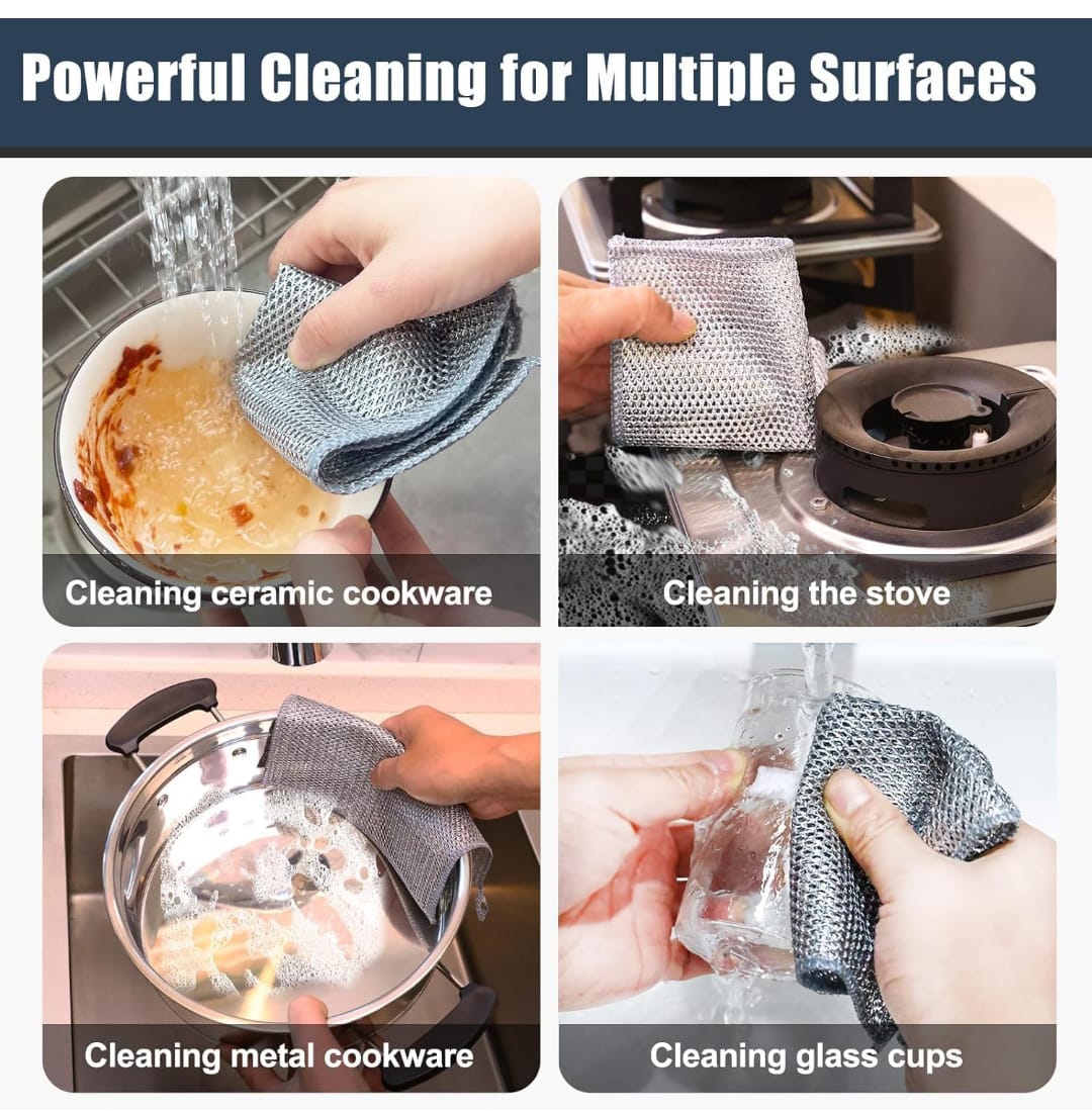 10 Pcs Multipurpose Non-Scratch Steel Wire Dishwashing Rags - Heavy-Duty Kitchen Miracle Cleaning Cloth Set for Wet & Dry Use - Utensil, Appliance & Cookware Scrubber