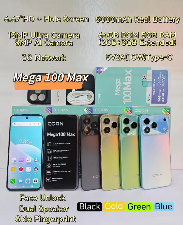 CORN MEGA 100 MAX 6.67"HD 64GB ROM, 5(2+3)GB RAM  5000mAh STRONG BATTERY DUAL SIM CARD SMART PHONE SIDE-MOUNTED FINGERPRINT FACE UNLOCK,13MP ULTRA CAMERA 8MP SELFIE CAMERA TYPE-C CHARGING