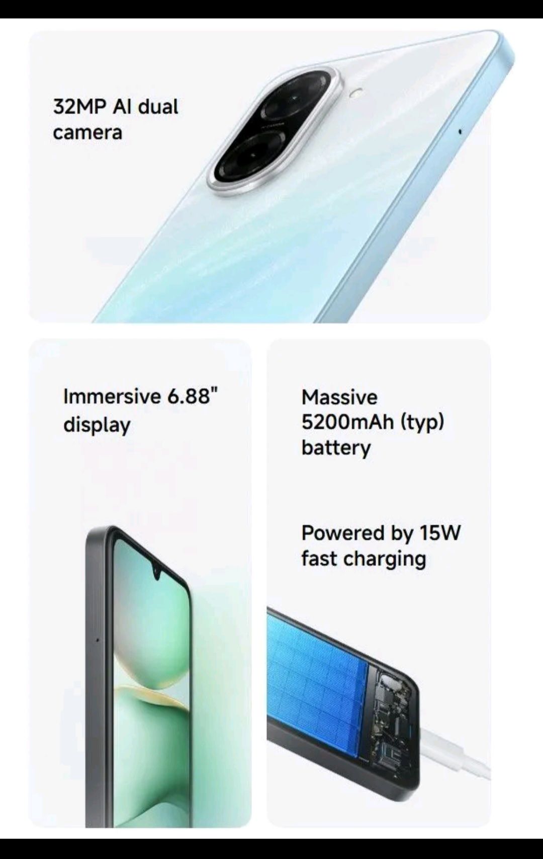 Redmi A5  Display 6.88" 4GB + 128GB Dual SIM 32MP main camera 8MP front camera 5200mAh battery Side fingerprint sensor USB Type-C Phones SmartPhone