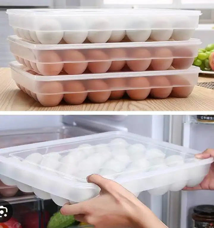 34-Egg Storage Container with Lid  Stackable Fridge Organizer. Keep your eggs fresh, safe, and organized! This large-capacity egg tray with a secure lid is designed to store up to 34 eggs neatly