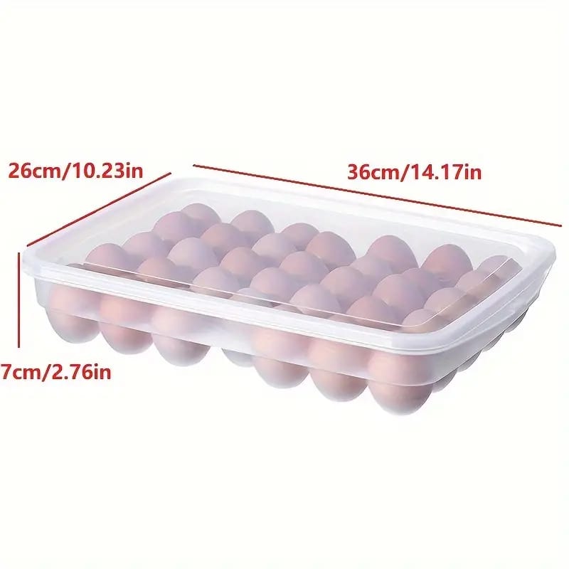 34-Egg Storage Container with Lid  Stackable Fridge Organizer. Keep your eggs fresh, safe, and organized! This large-capacity egg tray with a secure lid is designed to store up to 34 eggs neatly