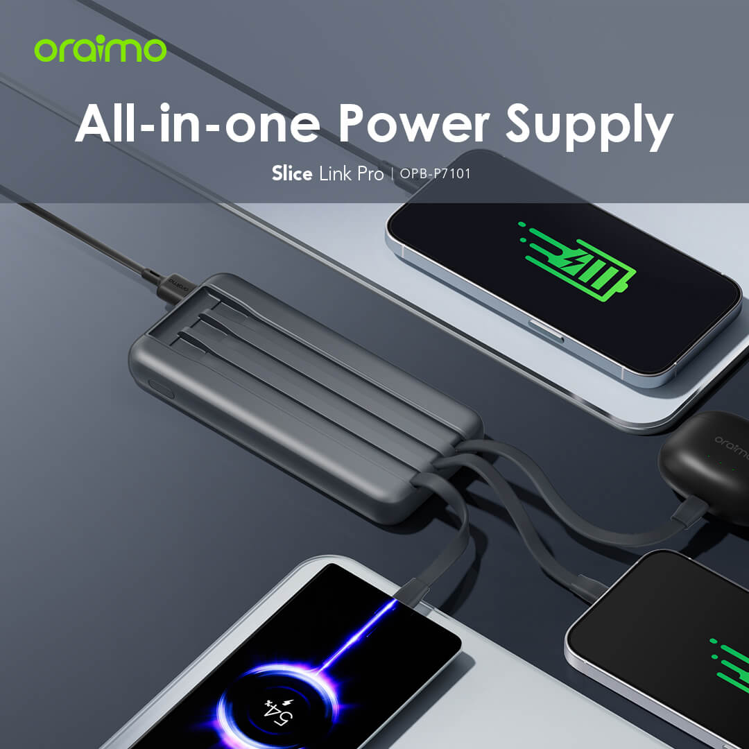 Oraimo Power Bank Slice Link OPB-P5101 10,000mAh  Built-in Micro, Type-C & Lightning Cables | Fast Charging | Slim & Portable