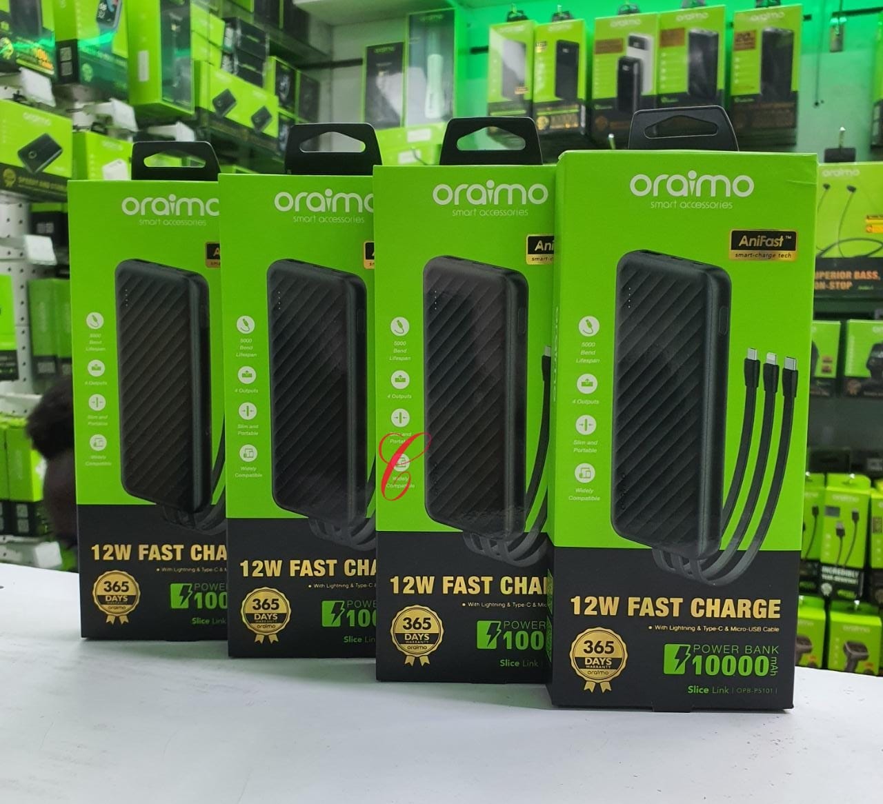 Oraimo Power Bank Slice Link OPB-P5101 10,000mAh  Built-in Micro, Type-C & Lightning Cables | Fast Charging | Slim & Portable