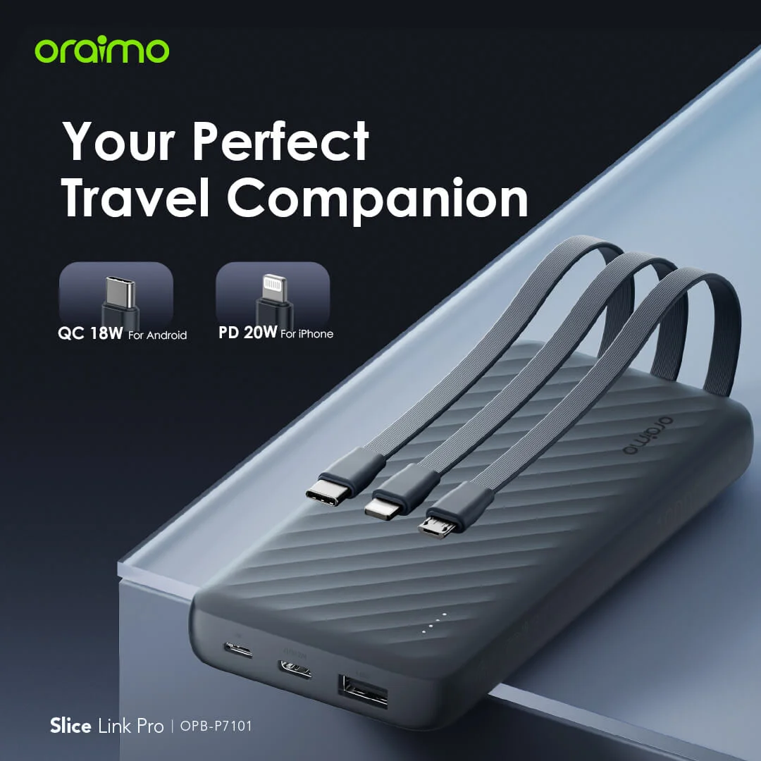 Oraimo Power Bank Slice Link OPB-P5101 10,000mAh  Built-in Micro, Type-C & Lightning Cables | Fast Charging | Slim & Portable