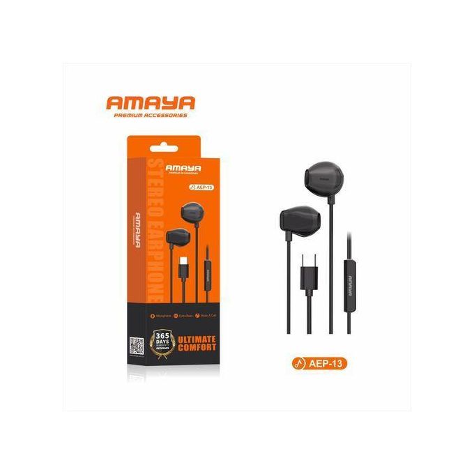 Amaya AEP-13 Type-C Earphones Clear Bass Sound | Built-in Microphone | Noise-Isolating Wired Headphones. Powerful bass, clear vocals, and an in-line microphone.