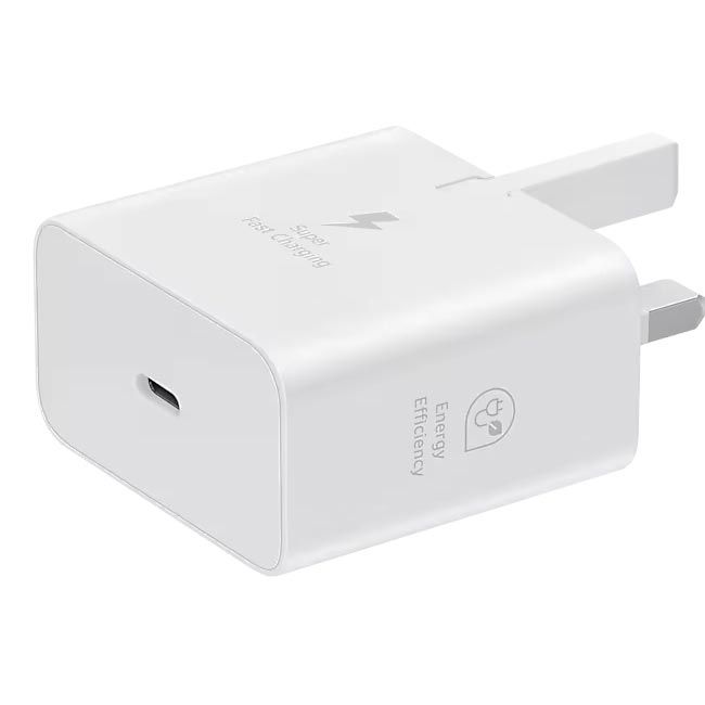 Samsung 25W Super Fast Charging Full Charger Original USB-C Power Adapter + Cable designed to deliver Power Delivery (PD) fast charging for compatible Samsung Galaxy smartphones and other USB-C device