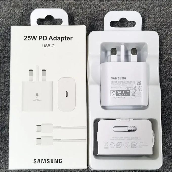 Samsung 25W Super Fast Charging Full Charger Original USB-C Power Adapter + Cable designed to deliver Power Delivery (PD) fast charging for compatible Samsung Galaxy smartphones and other USB-C device