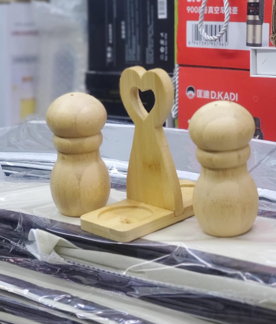 Salt and Pepper Shaker Set with Bamboo Stand – Durable, Stylish Kitchen Table Organizer, Easy-to-Use Seasoning Dispensers, Space-Saving, Ideal for Home, Dining, Restaurant, or Office Use