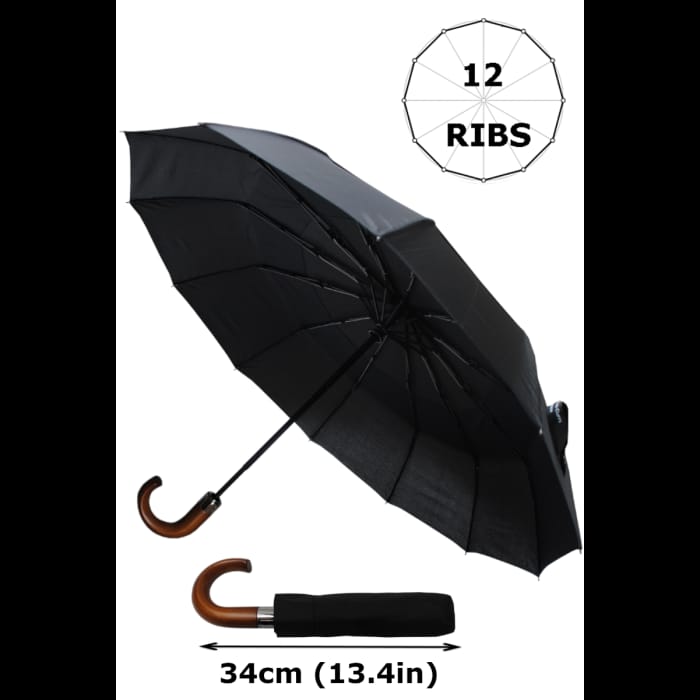 Curved Handle Umbrella – Wind-Resistant Folding Rain Umbrella with Durable Ribs, Classic Wooden Handle, Lightweight and Portable, Travel-Ready, Stylish and Elegant Design, Heavy Rain Protection, Every