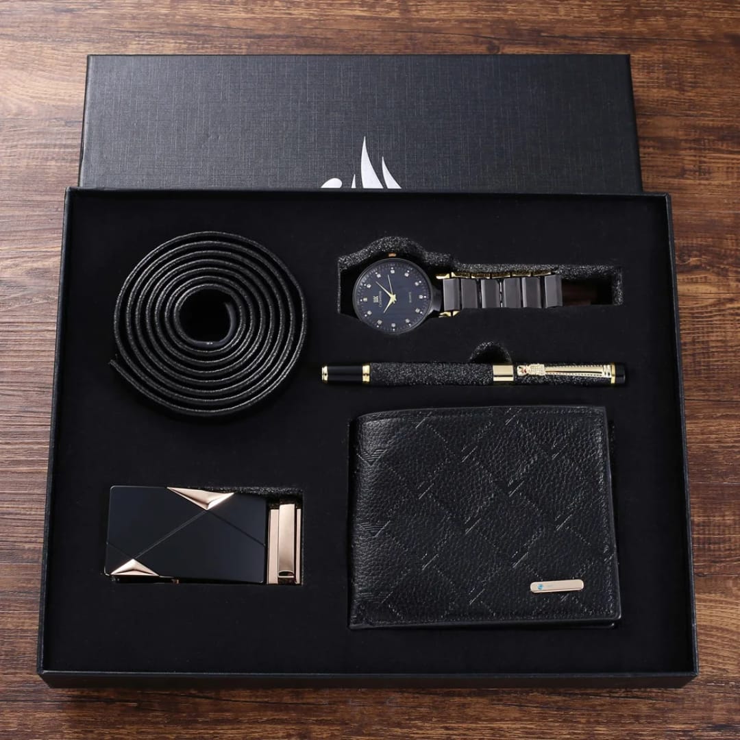 Valentines gents gift package gift set with watch, belt ,wallet, executive pen, gift card and gift bag.