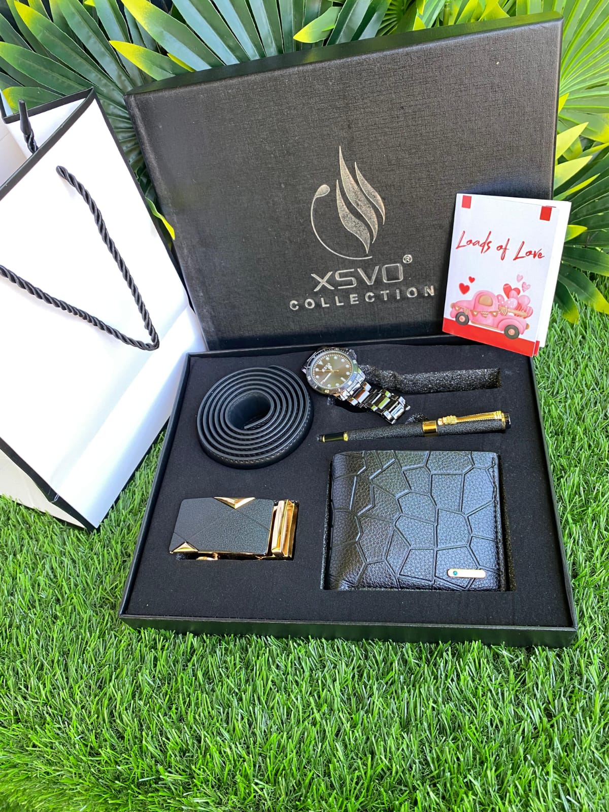Valentines gents gift package gift set with watch, belt ,wallet, executive pen, gift card and gift bag.