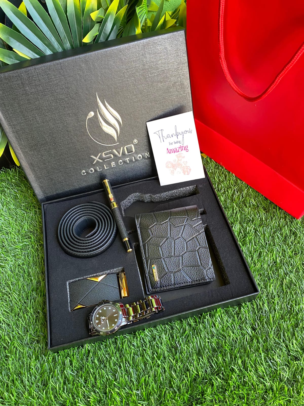 Valentines gents gift package gift set with watch, belt ,wallet, executive pen, gift card and gift bag.