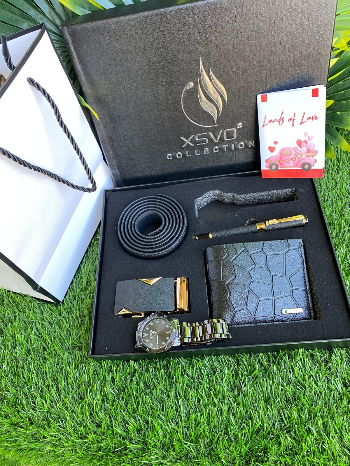 Valentines gents gift package gift set with watch, belt ,wallet, executive pen, gift card and gift bag.