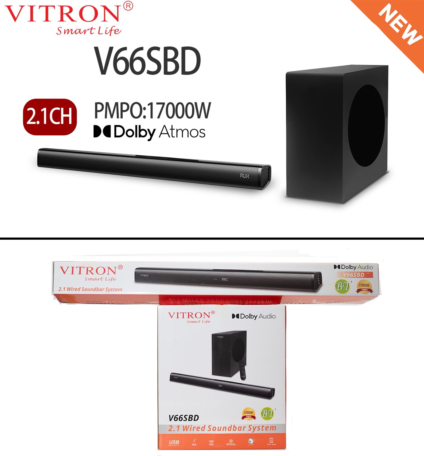 VITRON Soundbar V66SBD Remote Bluetooth Aux/ Optical USB Support Sd card
