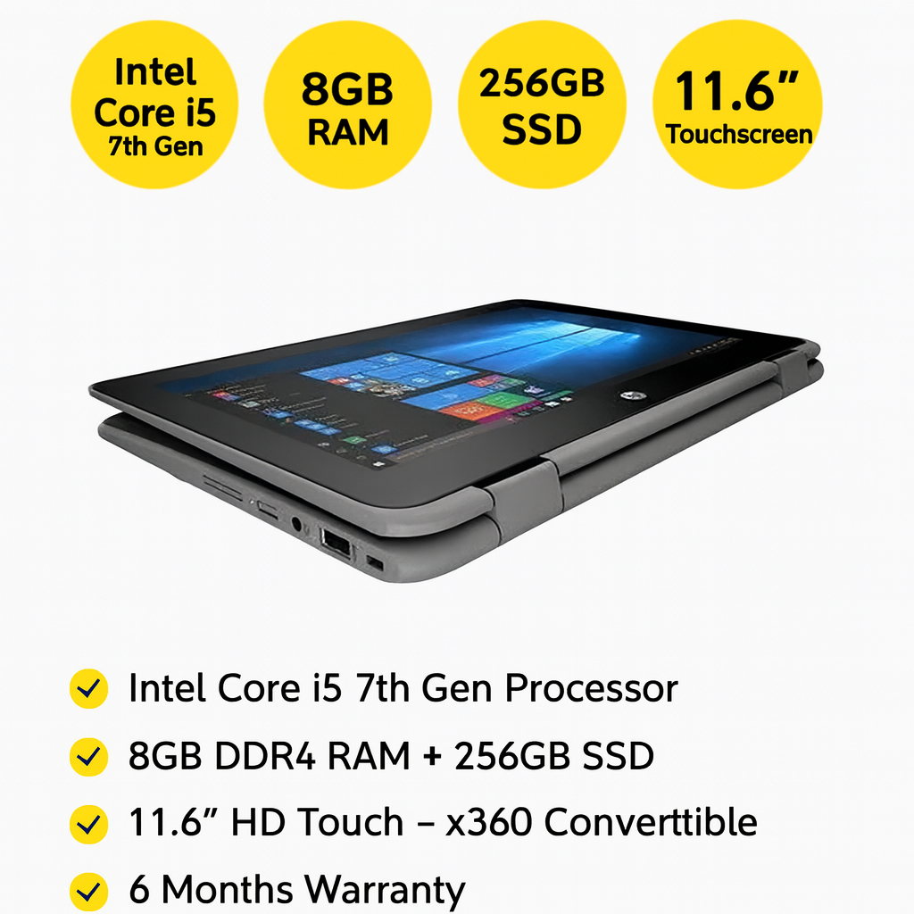 HP ProBook 11 G2 i5 7th Gen – 8GB RAM, 256GB SSD, 11.6” Touch x360 Convertible Laptop. Powerful, portable, and reliable with 6 months warranty