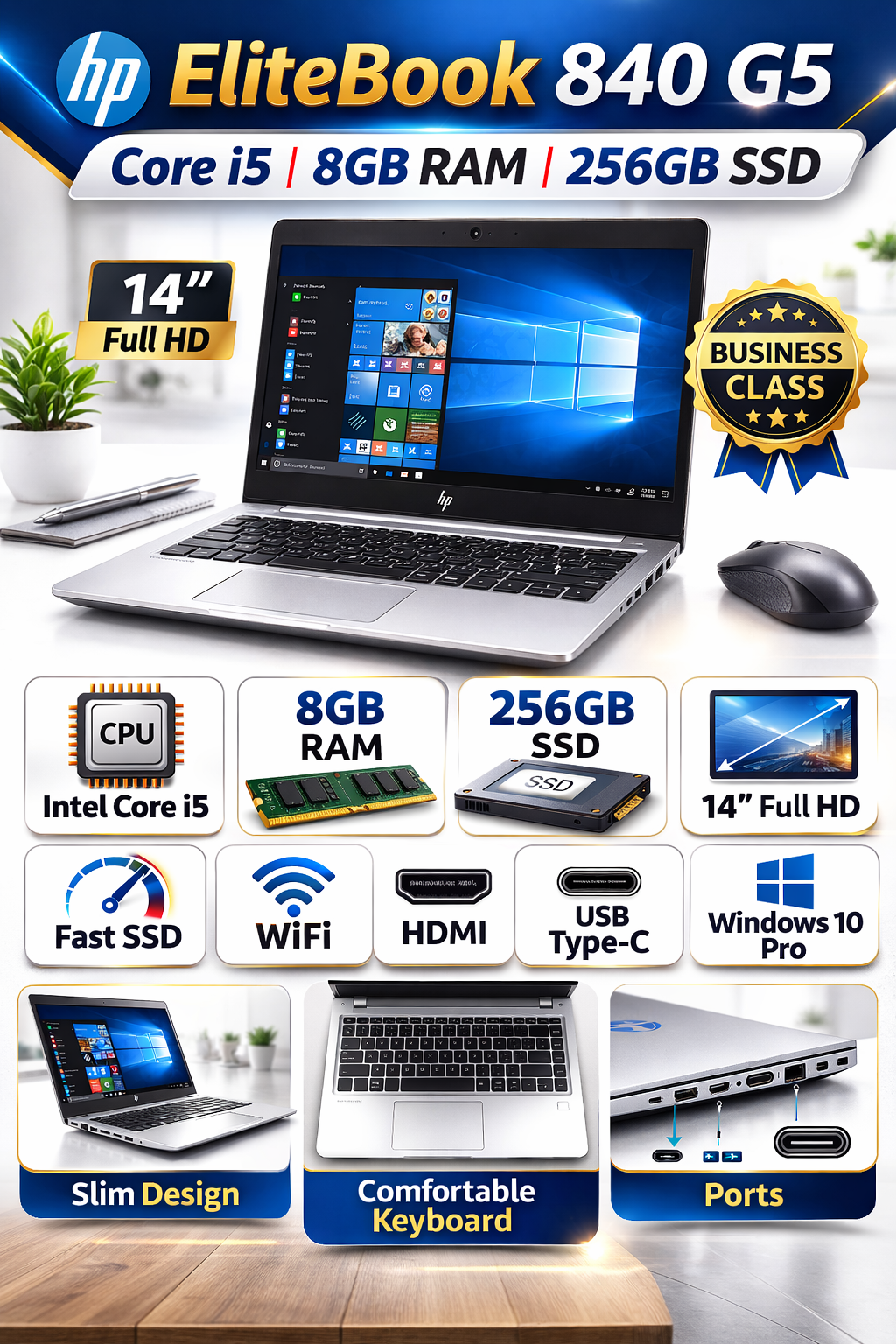 HP EliteBook 840 G5 Laptop Core i5 8GB RAM 256GB SSD 14” Windows 10