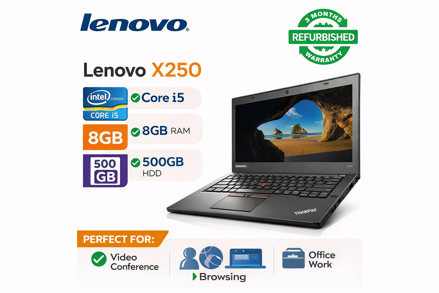 Lenovo X250 Core i5 Laptop - 8GB RAM, 500GB HDD (Refurbished)