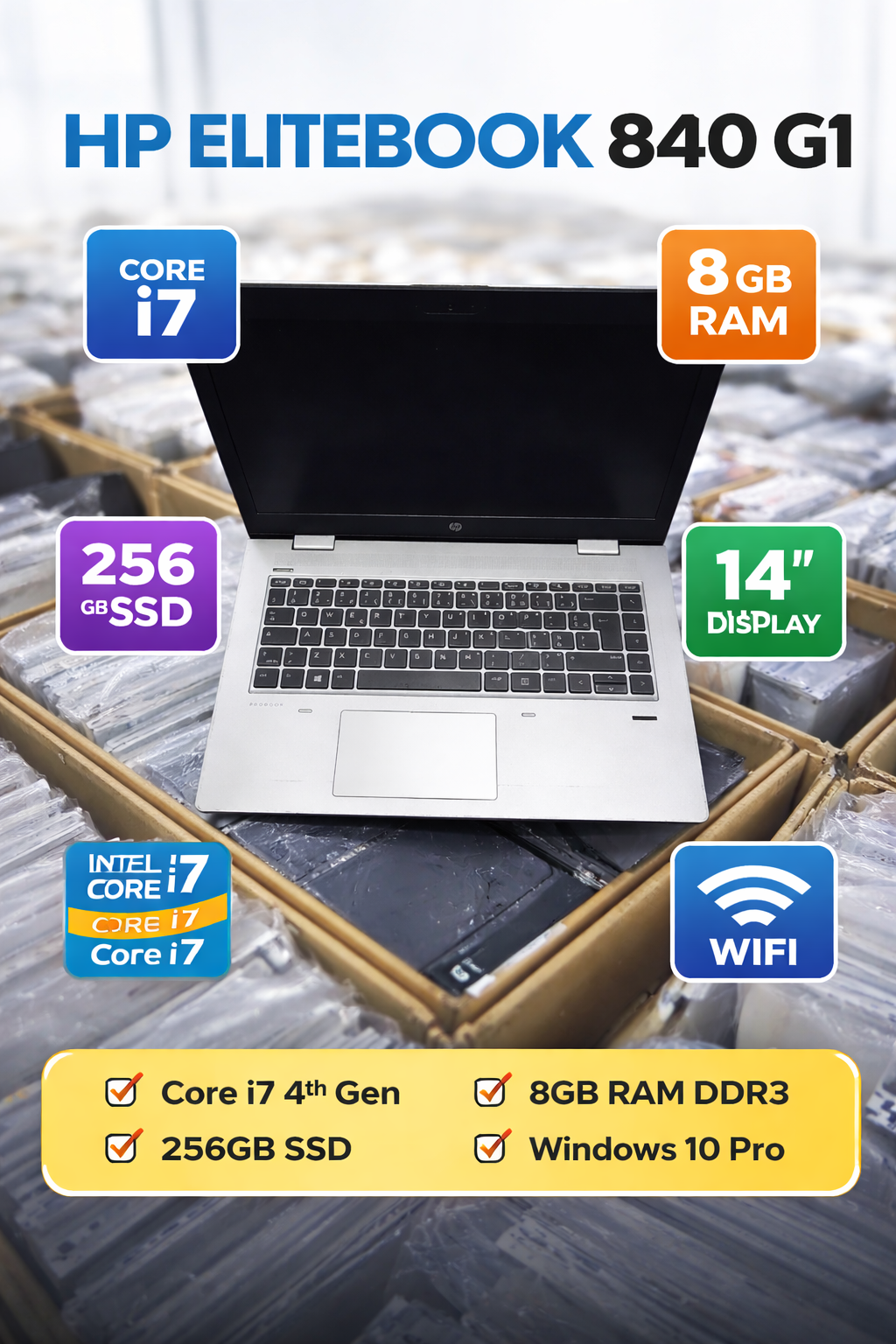 HP 840 G1 Core i7 Refurbished Laptop, 8GB RAM, 256GB SSD, 14-inch HD Display, Intel HD Graphics, Windows 10, USB 3.0, HDMI, Professional Business Laptop