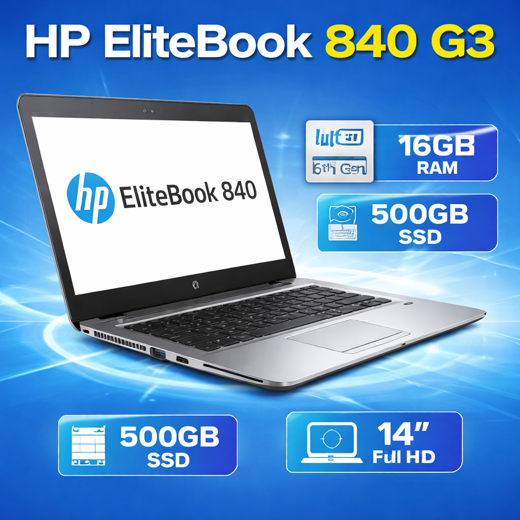HP EliteBook 840 G3, Intel Core i7 6th Gen, 16GB RAM, 500GB SSD, 14-inch Display, Refurbished Business Laptop - Fast & Reliable Performance