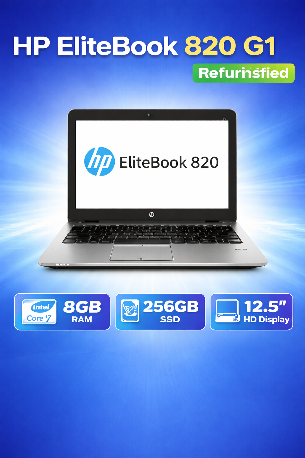 HP EliteBook 820 G1 Refurbished Laptop, Intel Core i7, 8GB RAM, 256GB SSD, 12.5-inch HD Display, Windows 10 Pro – Business Laptop