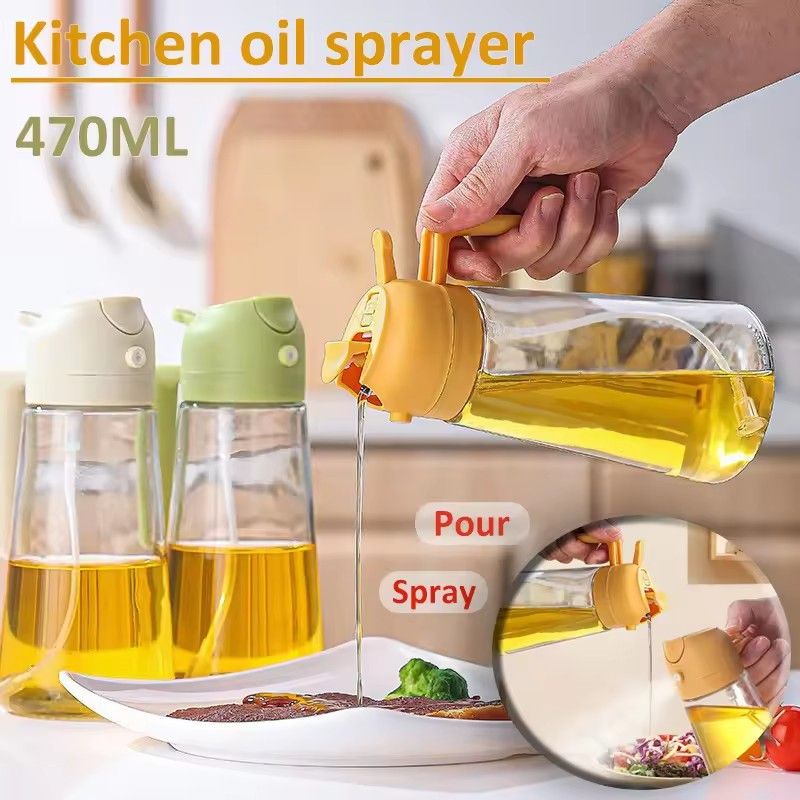2 in 1 Glass Aerosol Oil Sprayer Bottle, 470ML, Aerosol Oil Dispenser, Sauce Storage Jar for Kitchen, BBQ Cooking Tool