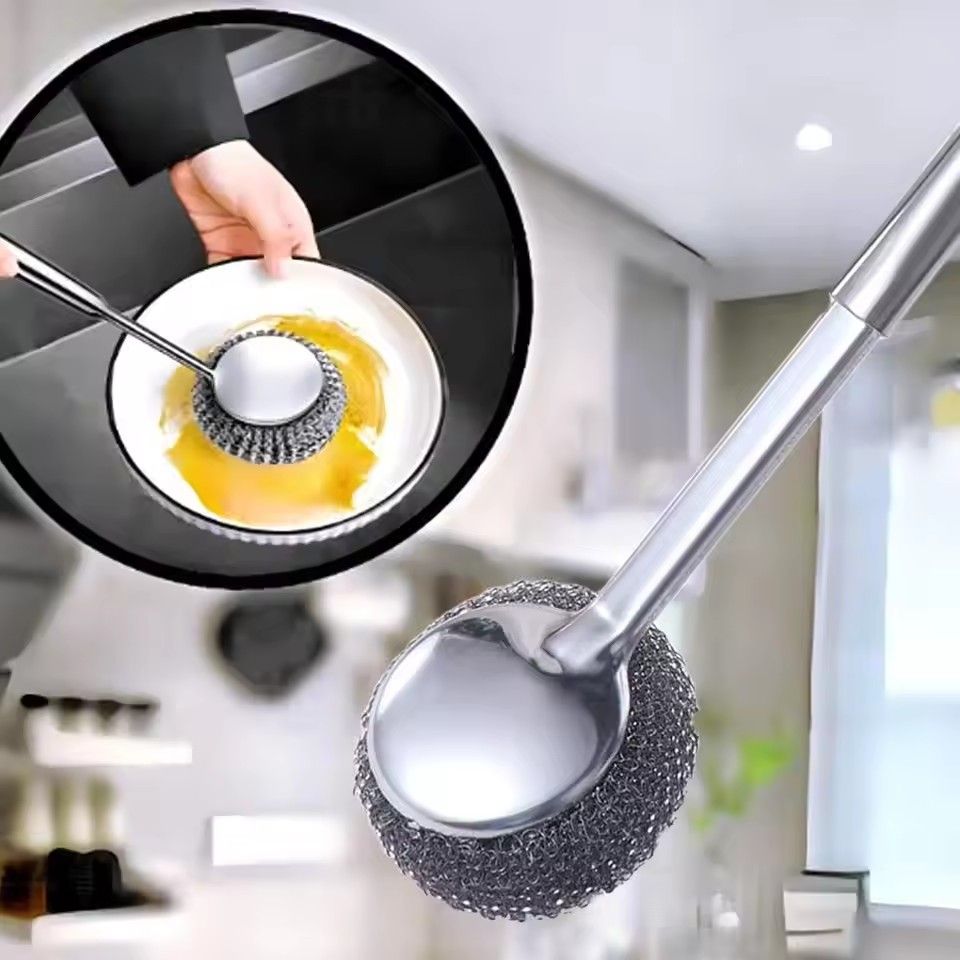 3pcs Stainless Steel Pot Brush with Long Handle, Dishwasher Cleaning Brush, Kitchen, Special Washing Pot, Steel Wool Ball Brush