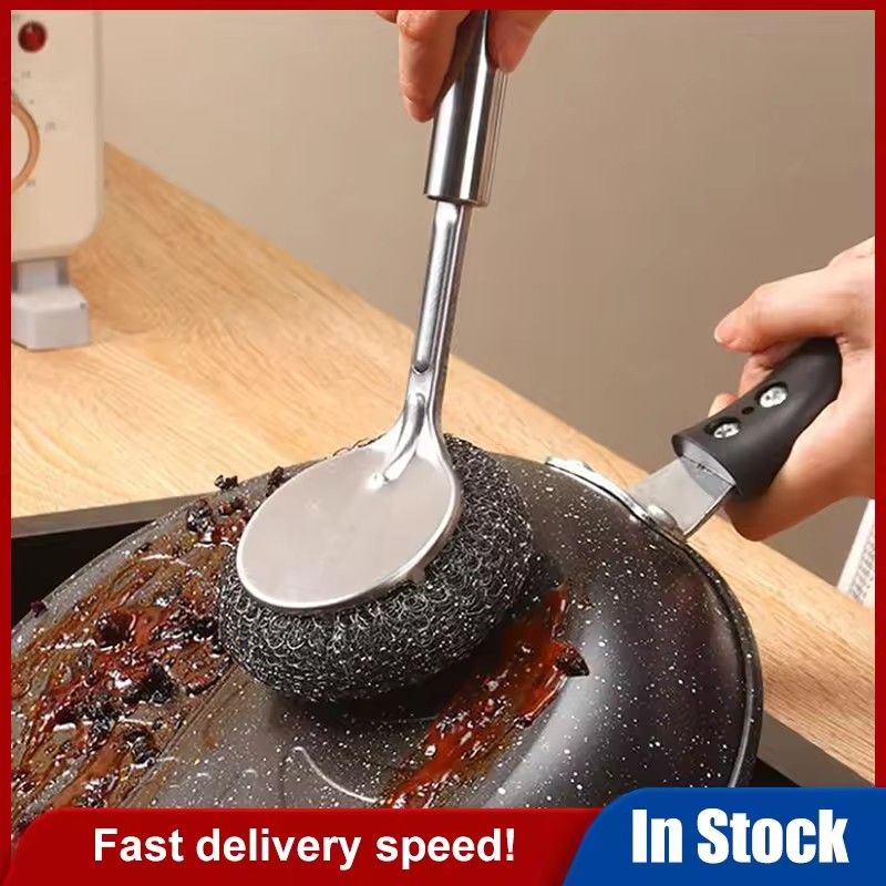 3pcs Stainless Steel Pot Brush with Long Handle, Dishwasher Cleaning Brush, Kitchen, Special Washing Pot, Steel Wool Ball Brush