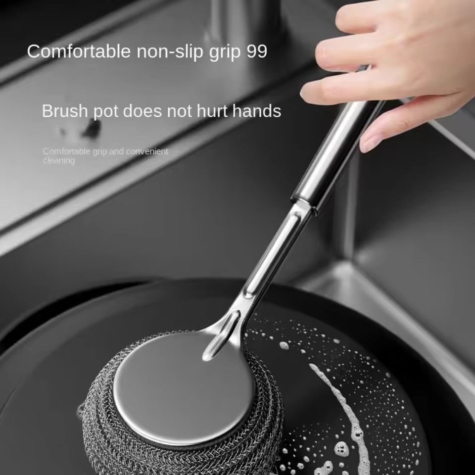 3pcs Stainless Steel Pot Brush with Long Handle, Dishwasher Cleaning Brush, Kitchen, Special Washing Pot, Steel Wool Ball Brush