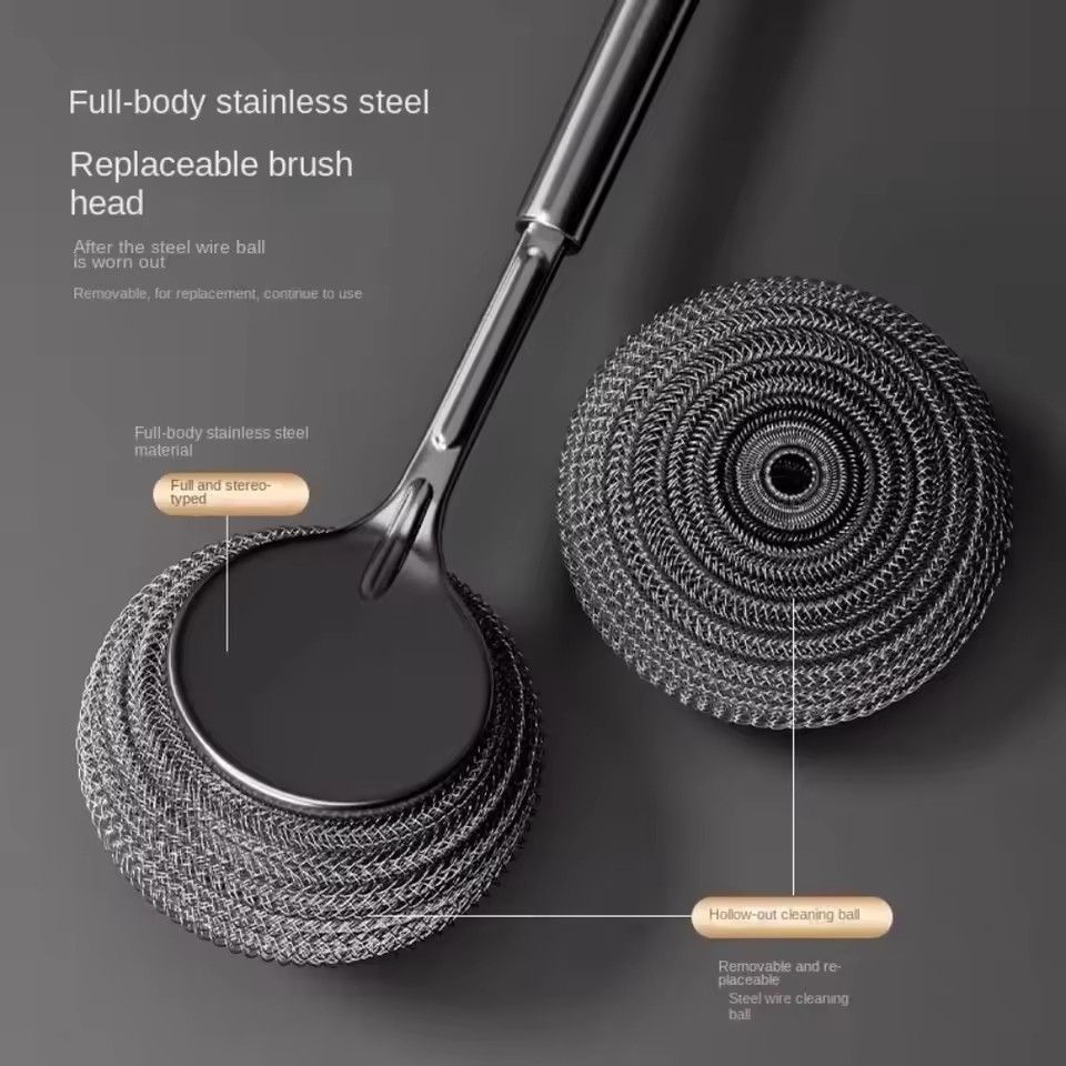 3pcs Stainless Steel Pot Brush with Long Handle, Dishwasher Cleaning Brush, Kitchen, Special Washing Pot, Steel Wool Ball Brush