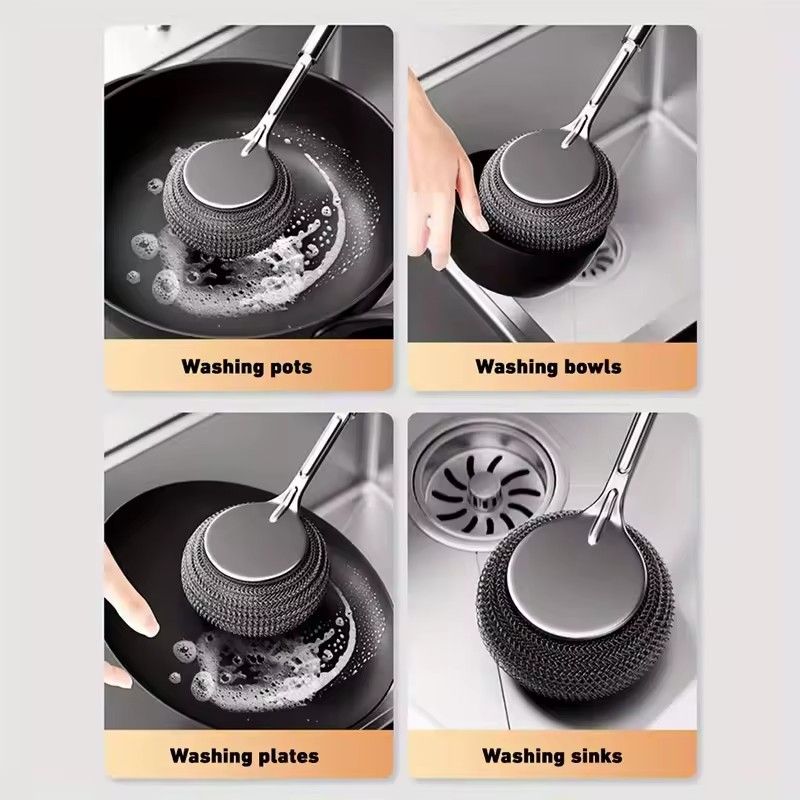 3pcs Stainless Steel Pot Brush with Long Handle, Dishwasher Cleaning Brush, Kitchen, Special Washing Pot, Steel Wool Ball Brush