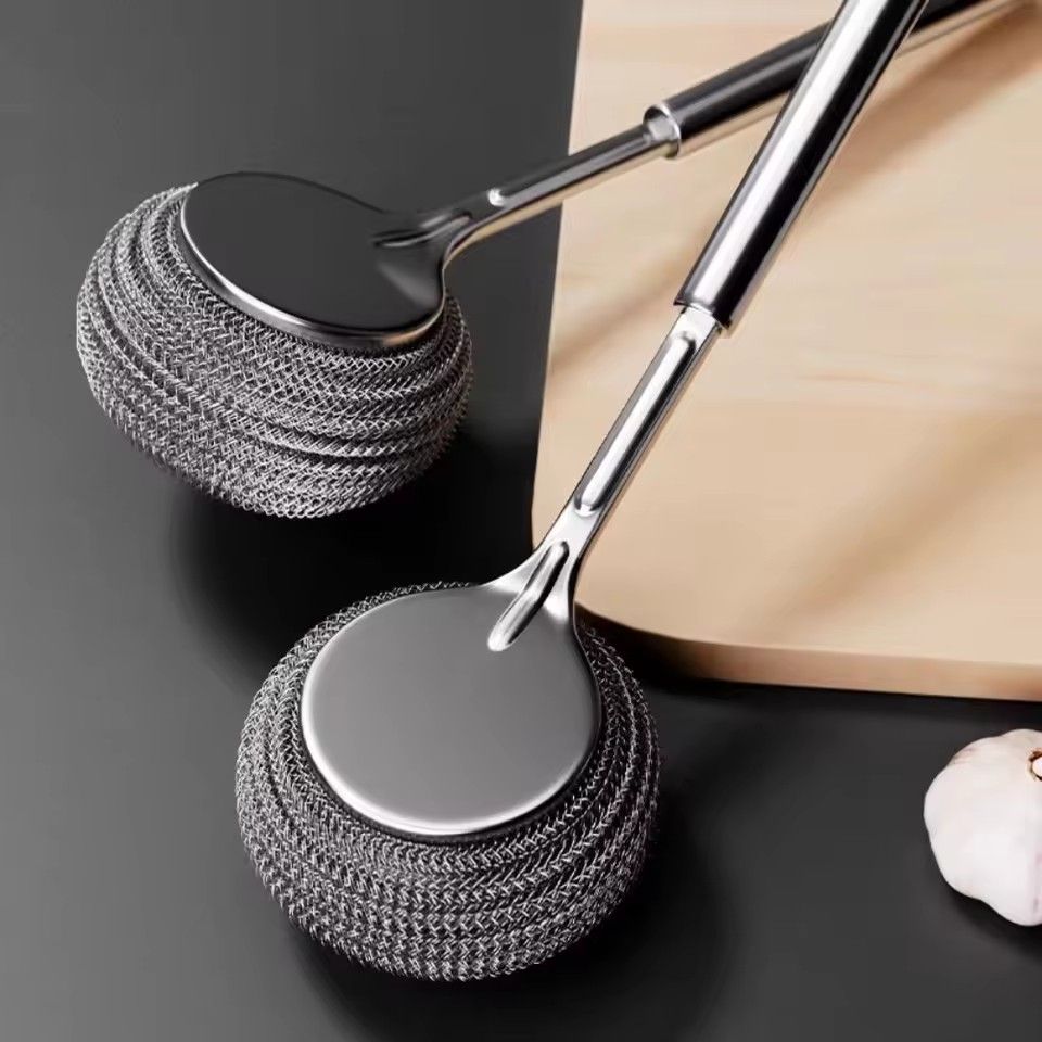 3pcs Stainless Steel Pot Brush with Long Handle, Dishwasher Cleaning Brush, Kitchen, Special Washing Pot, Steel Wool Ball Brush