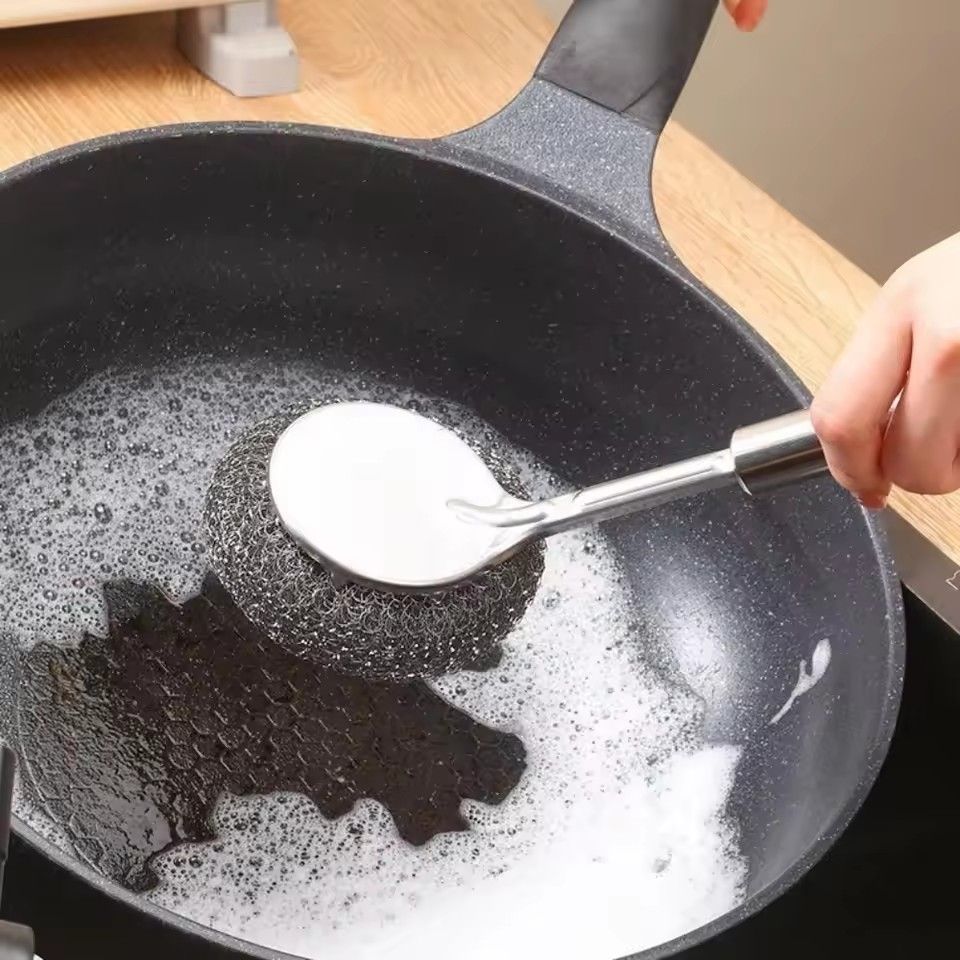 3pcs Stainless Steel Pot Brush with Long Handle, Dishwasher Cleaning Brush, Kitchen, Special Washing Pot, Steel Wool Ball Brush