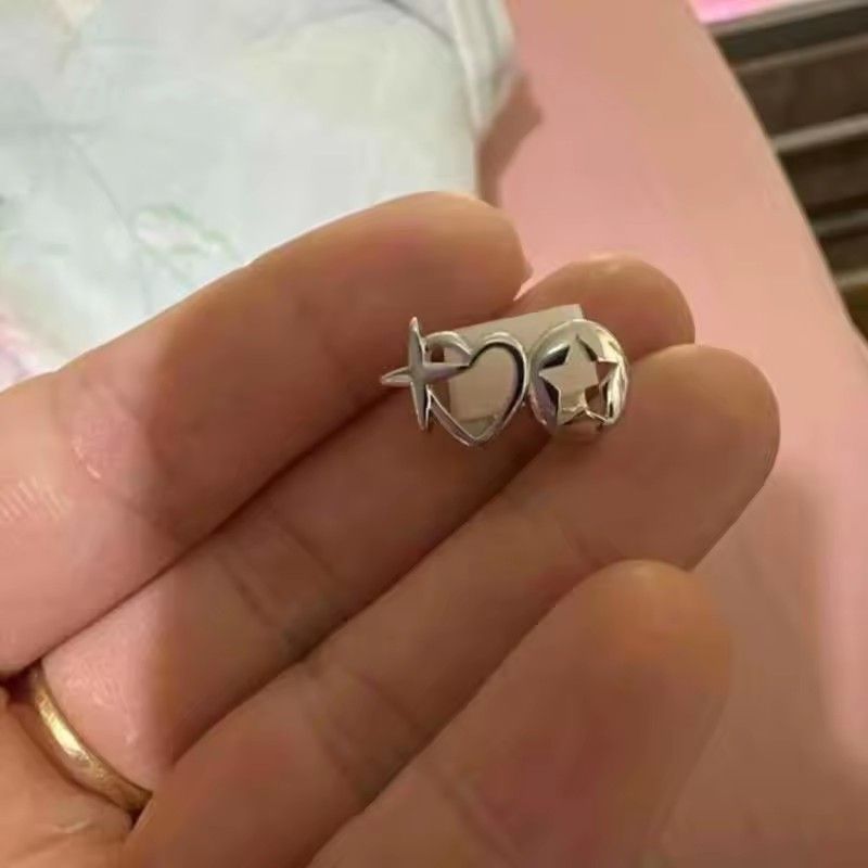 Heart Punk Hip Hop Men's and Women's Tooth Hat Retro Silver Double Love Star Tooth Diamond Couple Jewelry AccessoriesC-637