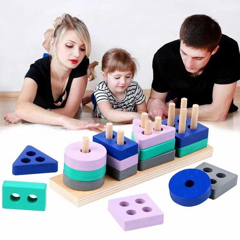 Building Block Four Sets Columns Geometric Sleeve Column Children Montessori Early Education Shape Matching Color Cognitive TMZ