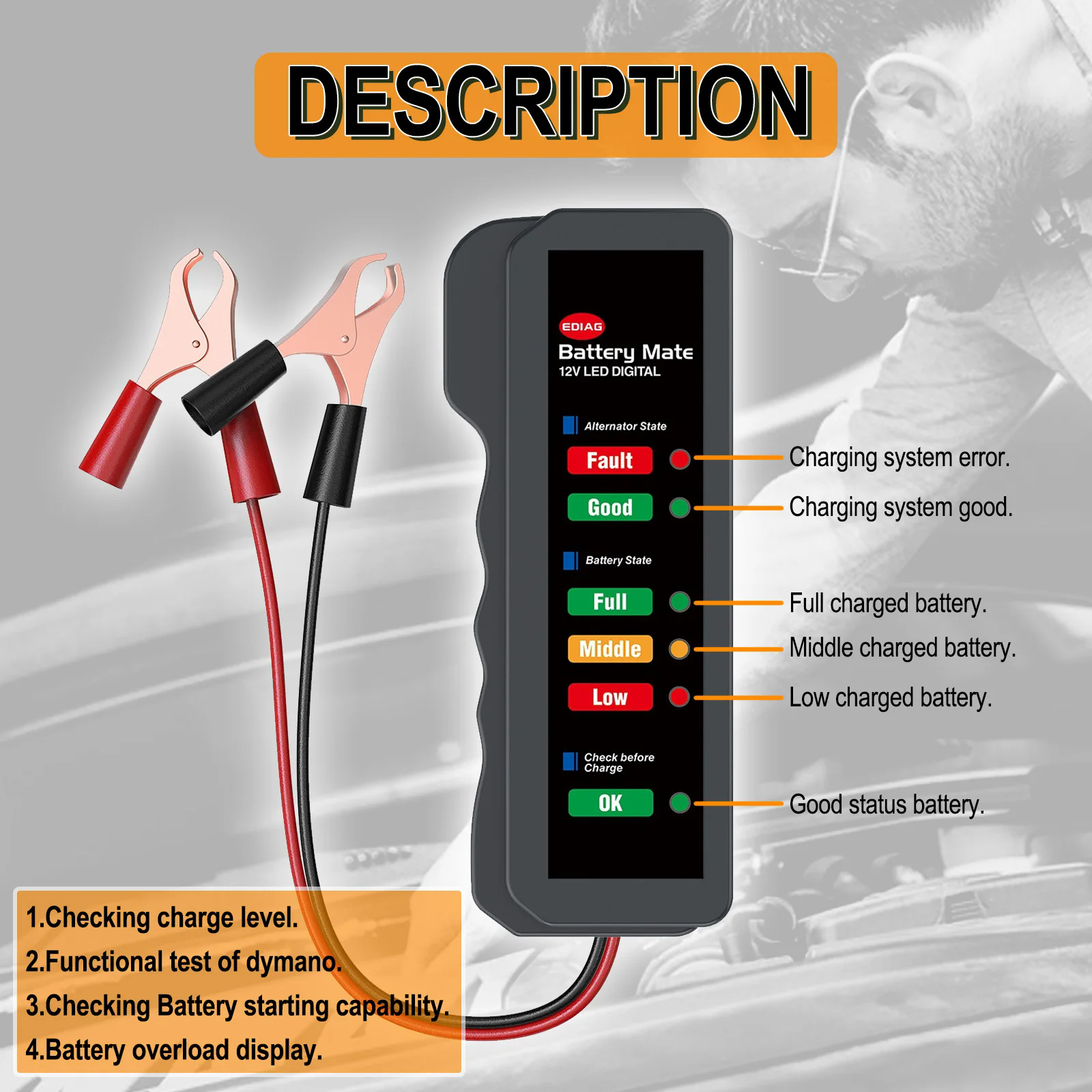 Mini 12V Car Battery Tester Digital Alternator Tester 6 LED Lights Display Car Diagnostic Tool Auto Battery Tester Analyzer E-392