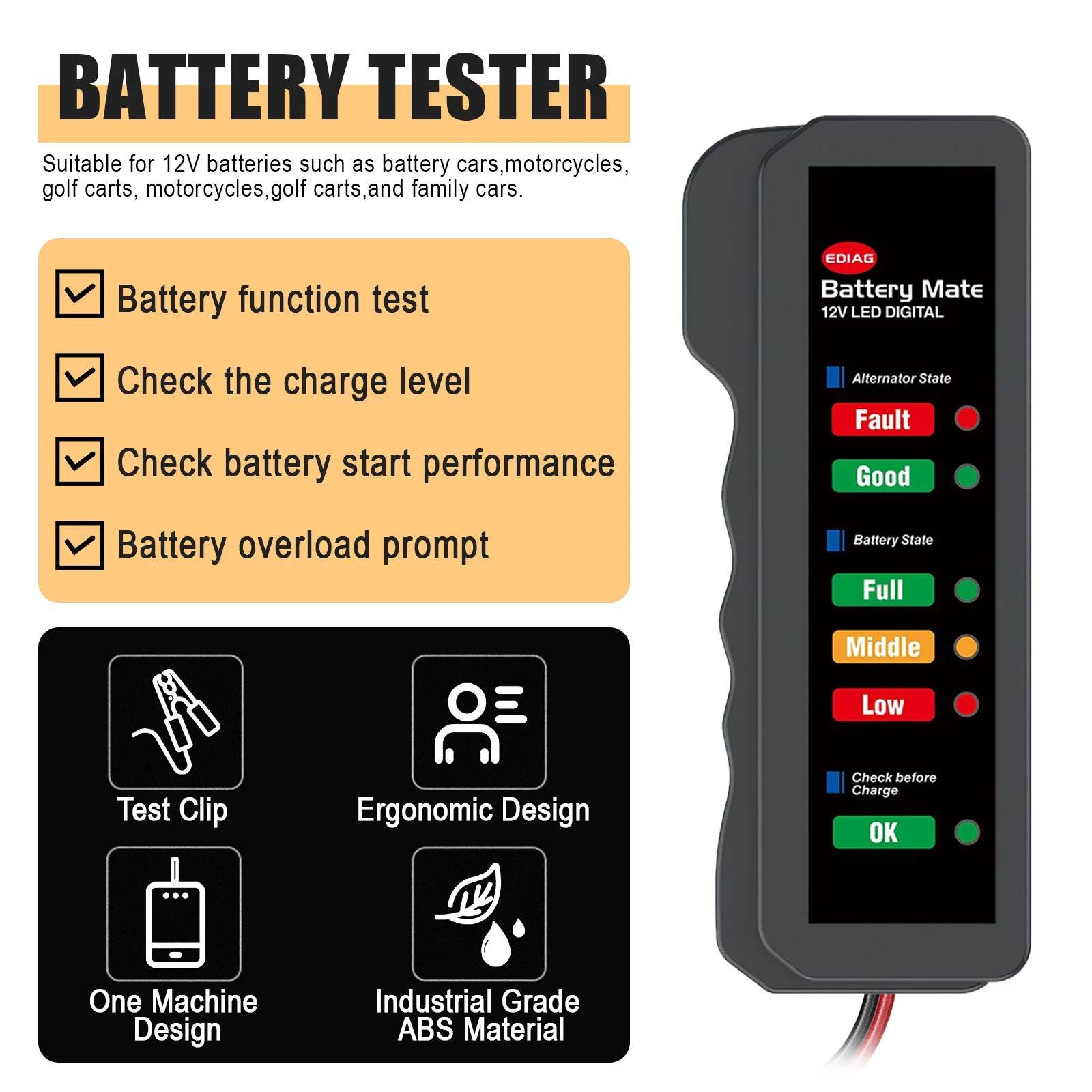 Mini 12V Car Battery Tester Digital Alternator Tester 6 LED Lights Display Car Diagnostic Tool Auto Battery Tester Analyzer E-392