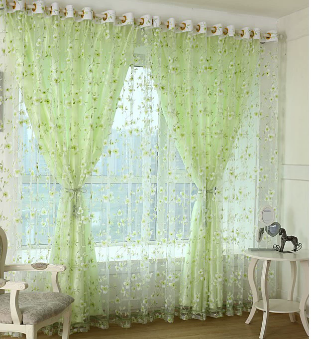 Elegant Modern Tulle Curtains For Living Room Bedroom Kitchen Green Leaf Sheer Curtains For Window Tulle Curtains Drapes（This link only contains 1 item per order, not 2 items）